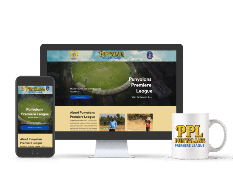 Website and merchandise design for Punyalans Premiere League displayed on a computer, mobile device, and mug.